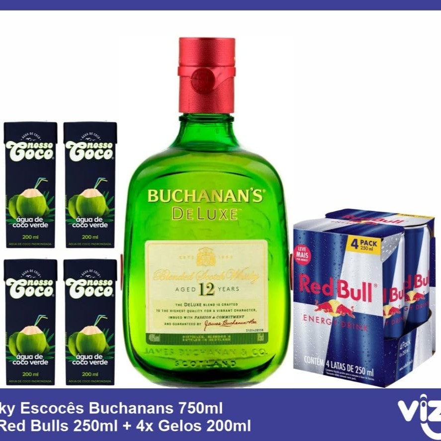 1 Whisky Buchana`S 12 anos 750ml  4 Red Bulls 250ml  4 Gelo de Água de Coco 200ml