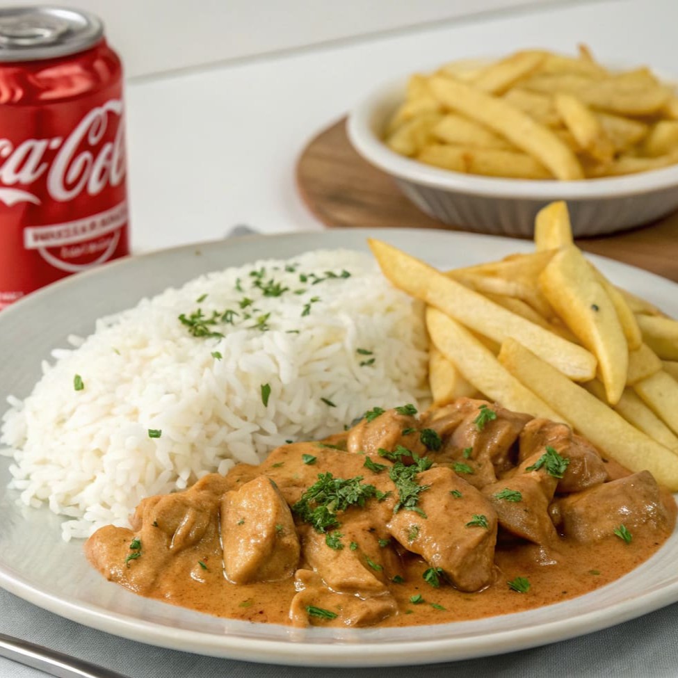 Strogonoff de frango cremoso, servido com batata palha e batata frita crocante, acompanhado de uma Coca-Cola 350ml bem gelada. Uma refeição completa, saborosa e com ótimo custo-benefício!
