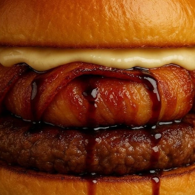 Pão brioche, blend de 160 gr, muçarela envolvida com bacon, finalizado com melaço de cana e maionese da sua escolha