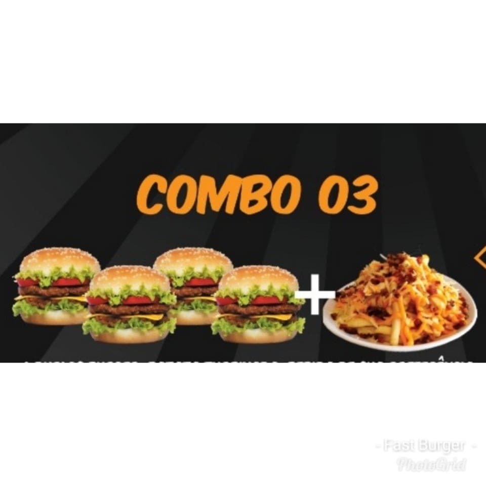 4 Duplo Burger  Hamburguer:Pão, 2 carnes, queijo, alface americana, tomate, cebola roxa,batata palha e molho especial da casa.  2 Batatas Turbinada M - Cheddar e Bacon  Refrigerante:Kuat, sukita uva, sukita laranja.  Saches de Molhos grátis (kettchup e maionese da casa)