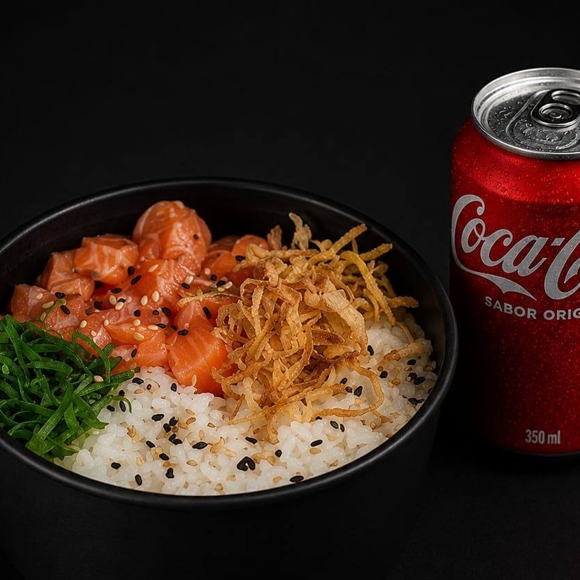 Combinação do momento: Poke de Salmão Philadelphia (Apx: 350gr) com Coca-Cola.