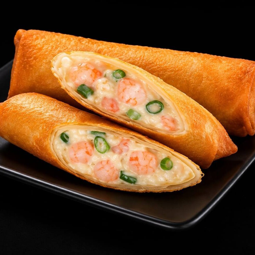 Dupla de Harumaki de Camarão com Philadelphia e Alho Poró Massa crocante e frita de harumaki recheada de camarões, cream cheese e alho poró.