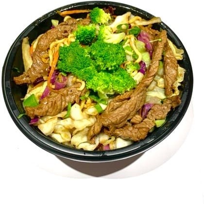 Carne alcatra, repolho roxo, cenoura, acelga, repolho verde, brócolis e molho do cheff.