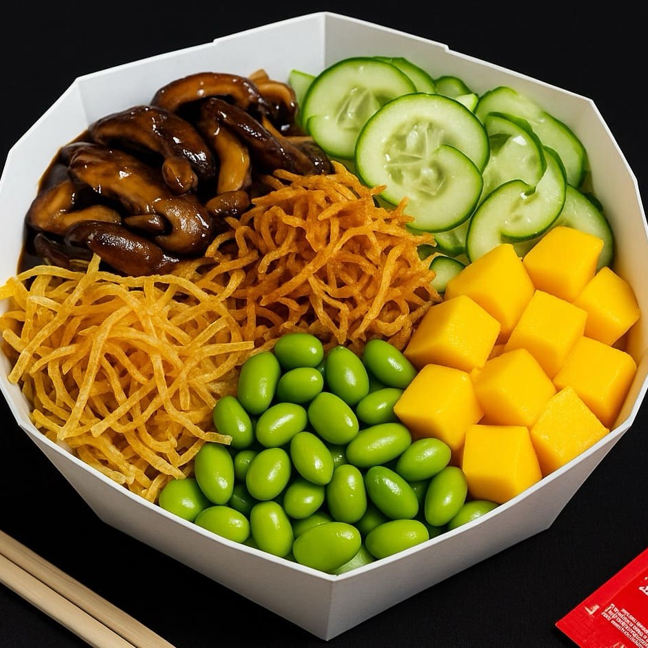 Poke de shimeji, com base de arroz japonês e 4 acompanhamentos, sendo eles: sunomono, manga, edamame e crispy de alho poro. Perfeito para uma refeição completa e nutritiva.