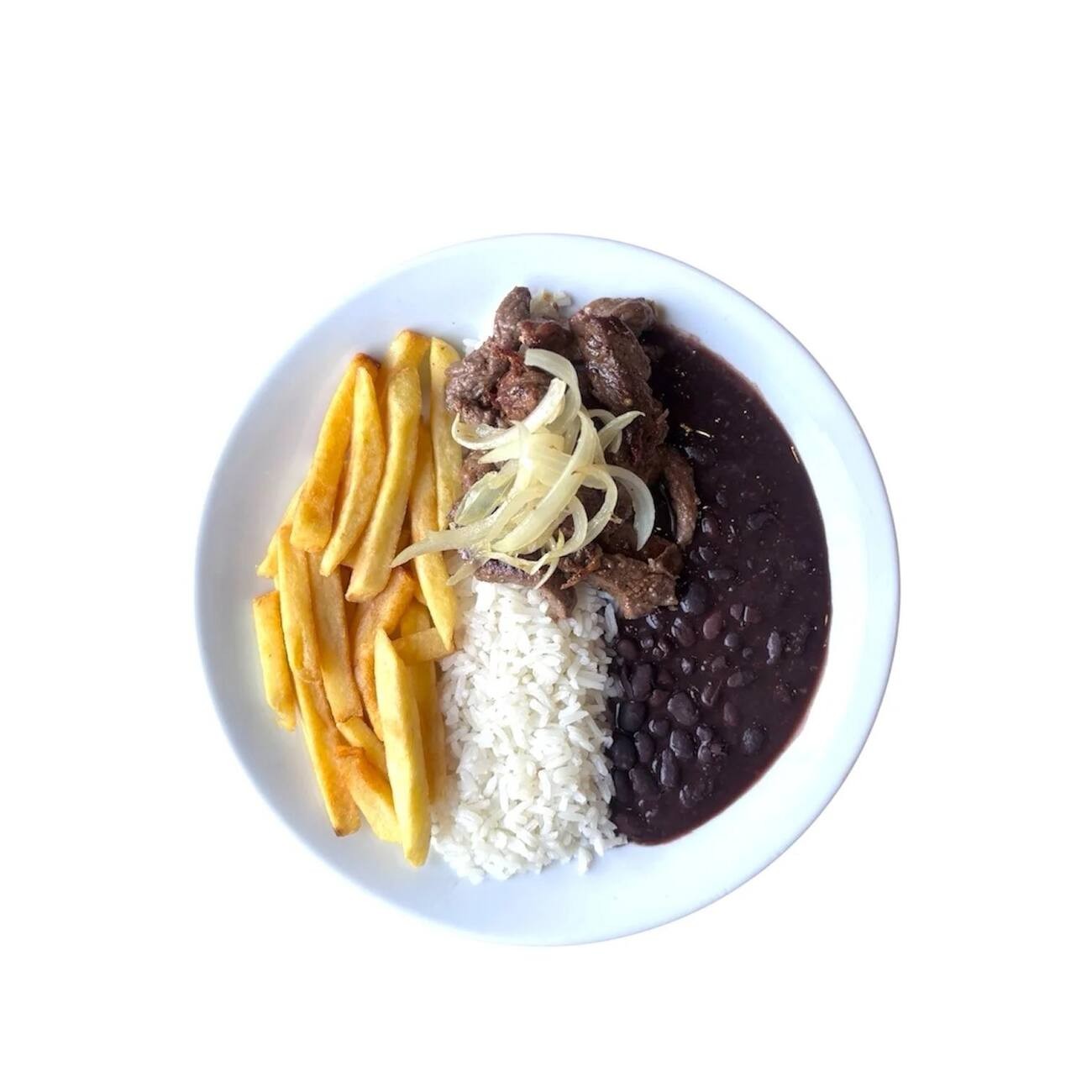 Tiras suculentas de alcatra acebolada, macias e saborosas, servidas com arroz soltinho, feijão caseiro e batata frita crocante. Uma combinação irresistível na porção ideal de 500 ml!