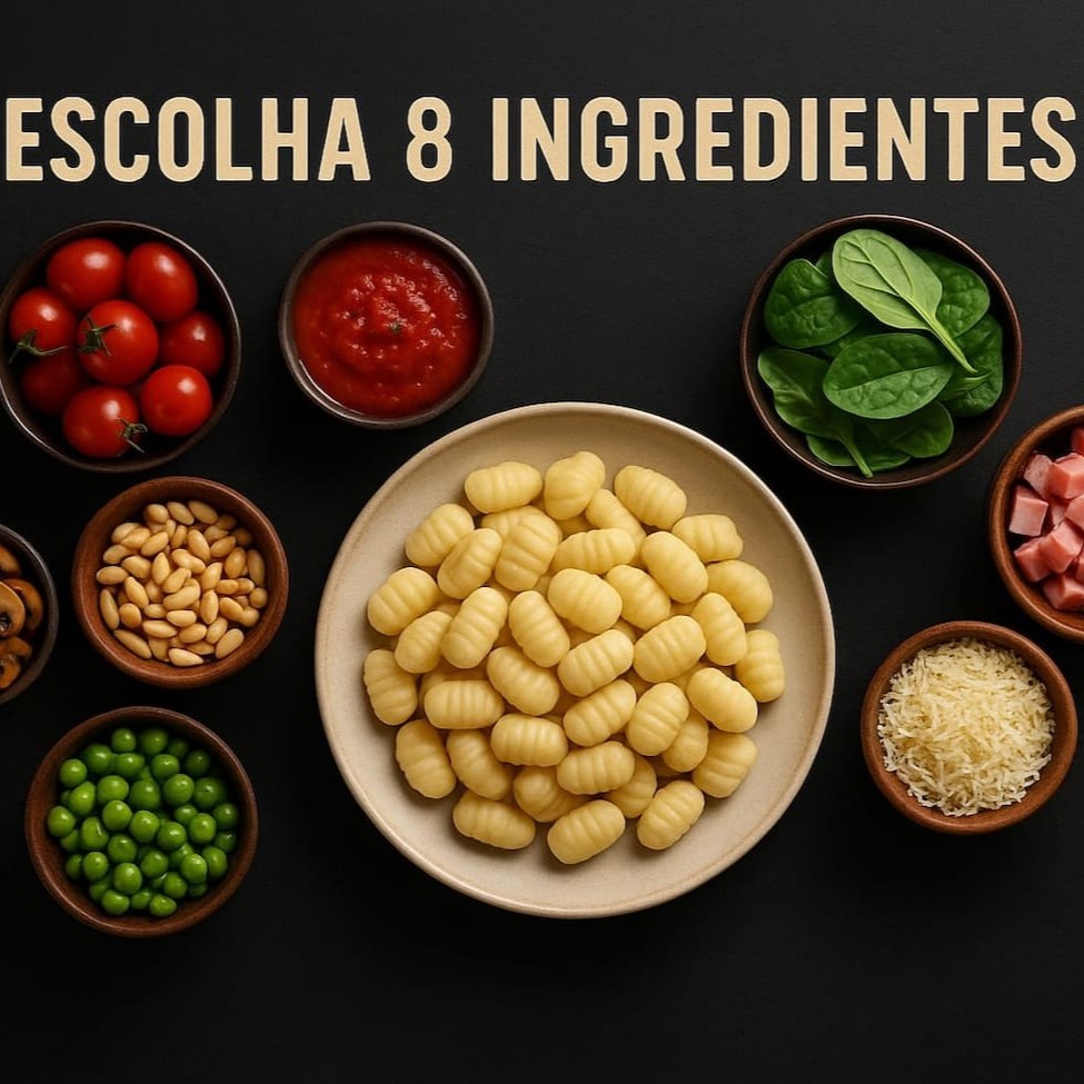 250g de nhoque artesanal de aipim, acompanhado de 2 conchas generosas do molho da sua escolha. Personalize com até 8 ingredientes variados, incluindo opções de queijo mussarela e temperinhos frescos para deixar seu prato com o sabor perfeito. Crie sua combinação ideal e aproveite uma refeição saborosa e feita do seu jeito! Peso Médio 650 a 700g