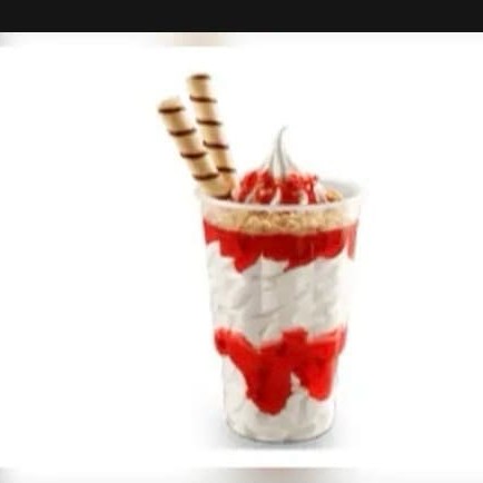 Sorvete cremoso de baunilha, calda especial de morango. Acompranha amendoim ou paçoca e dois palitos de biscoito. Compo 300 ml