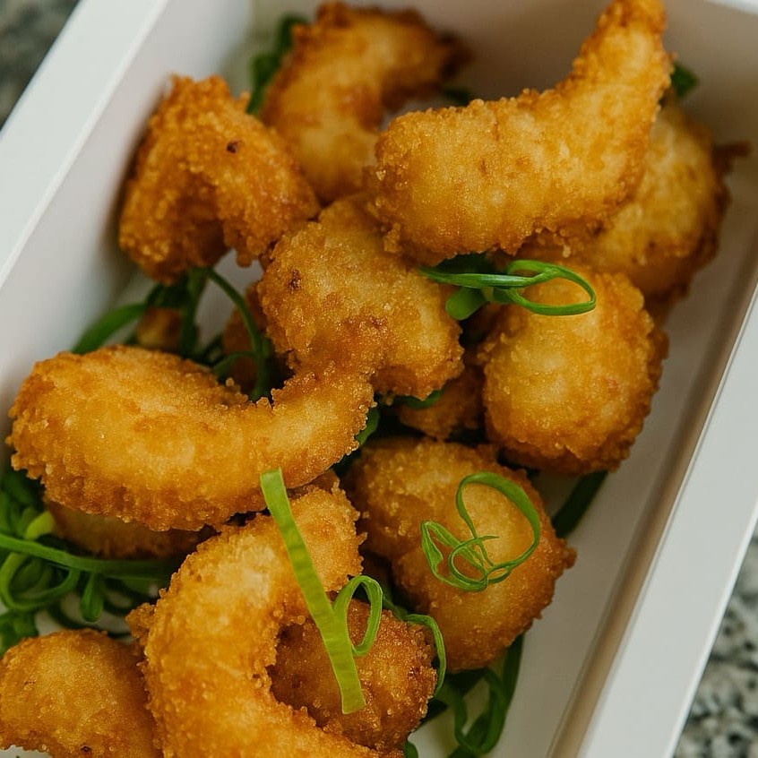 Camarão selecionado e empanado um a um. Tempero e sabor na medida certa. Você precisa experimentar!