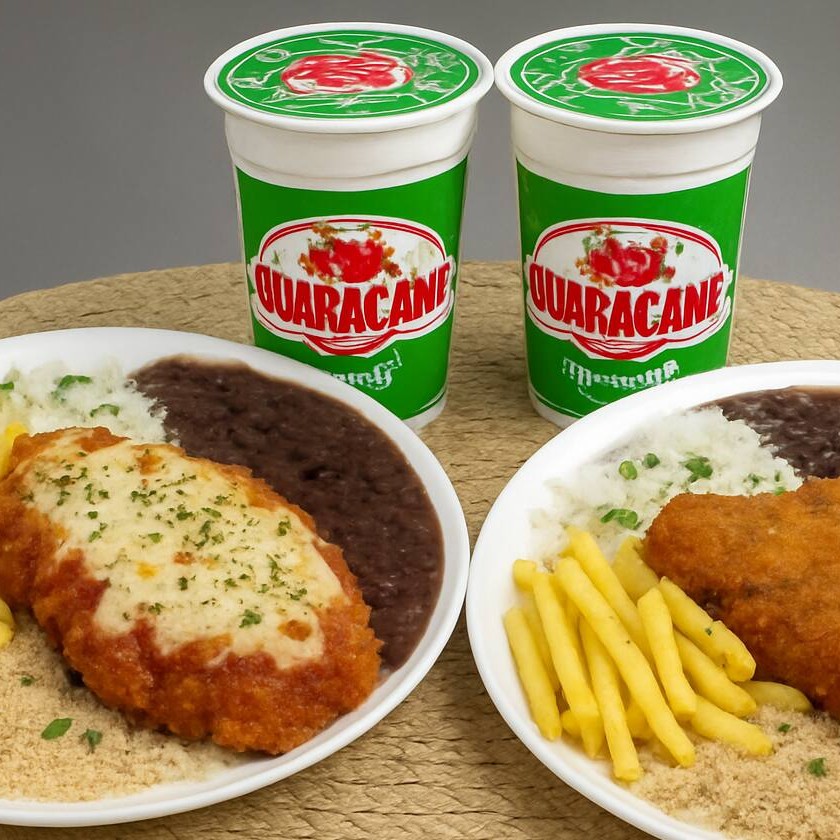 Delicioso combo com 1 filé de Frango à Parmegiana crocante, finalizado com molho ao sugo e queijo derretido, e 1 filé de Frango à Milanesa douradinho, leve e crocante. Acompanhados de arroz soltinho, feijão caseiro, farofa crocante, batatas fritas ou ovos fritos e 2 Guaracamps geladinhos para uma refeição completa