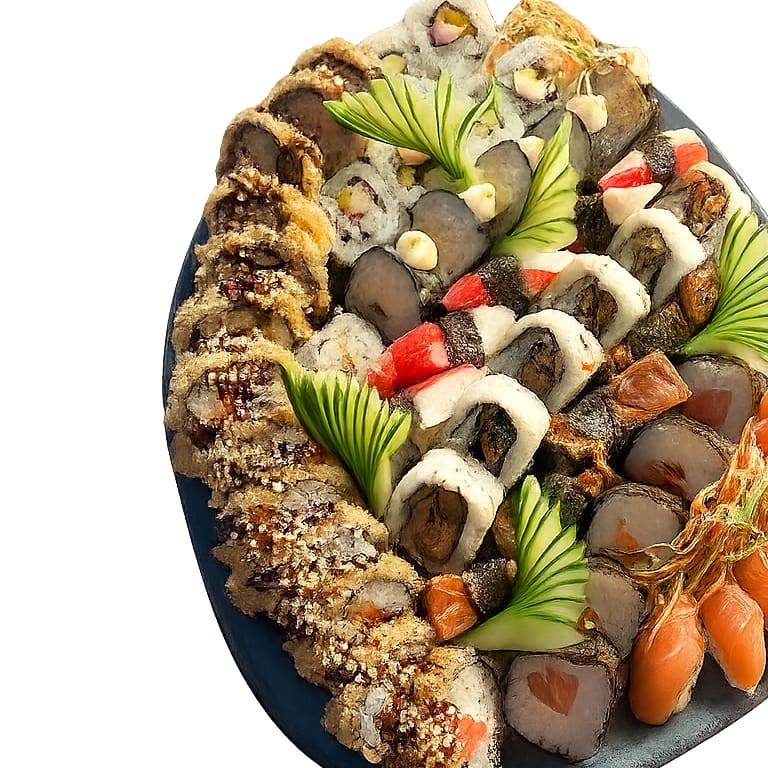 12 Hot Filadelfia, 5 Hossomaki Filadelfia, 6 Sushi Salmao, 4 Sushi Skin, 5 Sushi Kani, 6 Uramaki Skin, 6 Hossomaki Boston, 6 California)