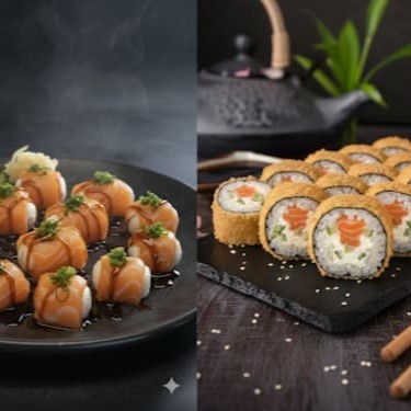 Delicadas fatias de salmão com creem chesse e molho do chefe + 15 hots super crocantes empanado na farinha panko.