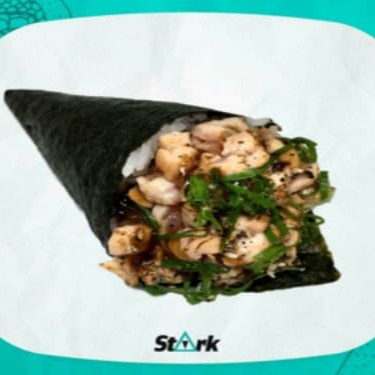 Alga, arroz, salmão toast, cebolinha, gergelim e teriaky.