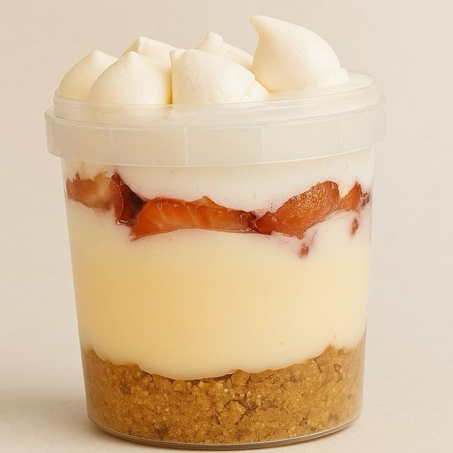 Nosso delicioso Escondidinho de Morango com novo Nome! Farofinha crocante, brigadeiro branco, morangos fresquinhos,  chantilly e suspiros. Tudo junto, num potinho feito pra adoçar o seu Dia do jeitinho que a gente ama