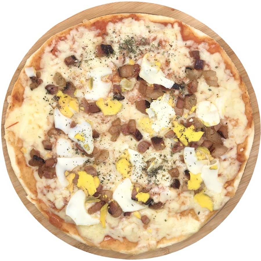 Mussarela, molho de tomate, bacon, ovo cozido e orégano.