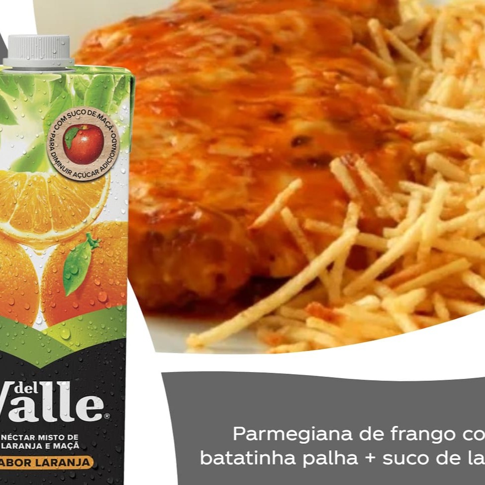 Delicioso filé de frango à parmegiana, acompanhado de arroz, feijão e batatinha palha + suco de laranja 1lt geladinho