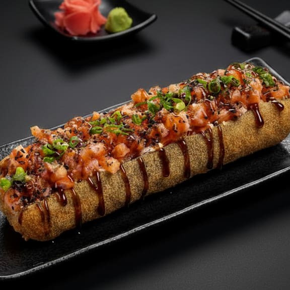 Big hot empanado com recheio de cream cheese, cortado ao meio e coberto por salmão super fresco, misturado no cream cheese e finalizado com molho teryaki artesanal, celolinha e gergilim.