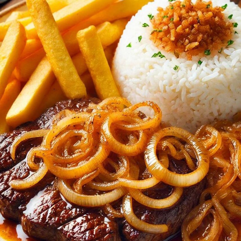 Filé macio e suculento, grelhado com cebolas douradas, acompanhado de arroz branco, feijão e batata frita crocante. Um prato caseiro e saboroso!  Comida Italiana, Massas Artesanais, Culinária Italiana, Penne, Espaguete, Gnocchi, Risoto De Salmão, Polenta Italiana, Frango Parmegiana, Salmão Grelhado, Batata Frita, Coca Cola, Guaraná Antártica, Entrega Gratis.
