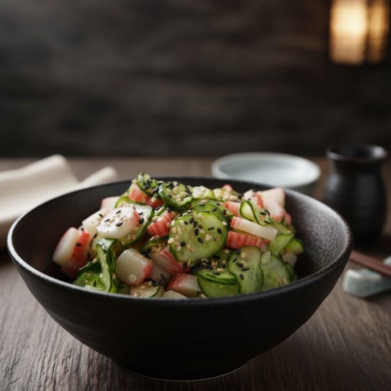 Pepino japonês fatiado marinado no molho agridoce com gergelim e kani fatiado.