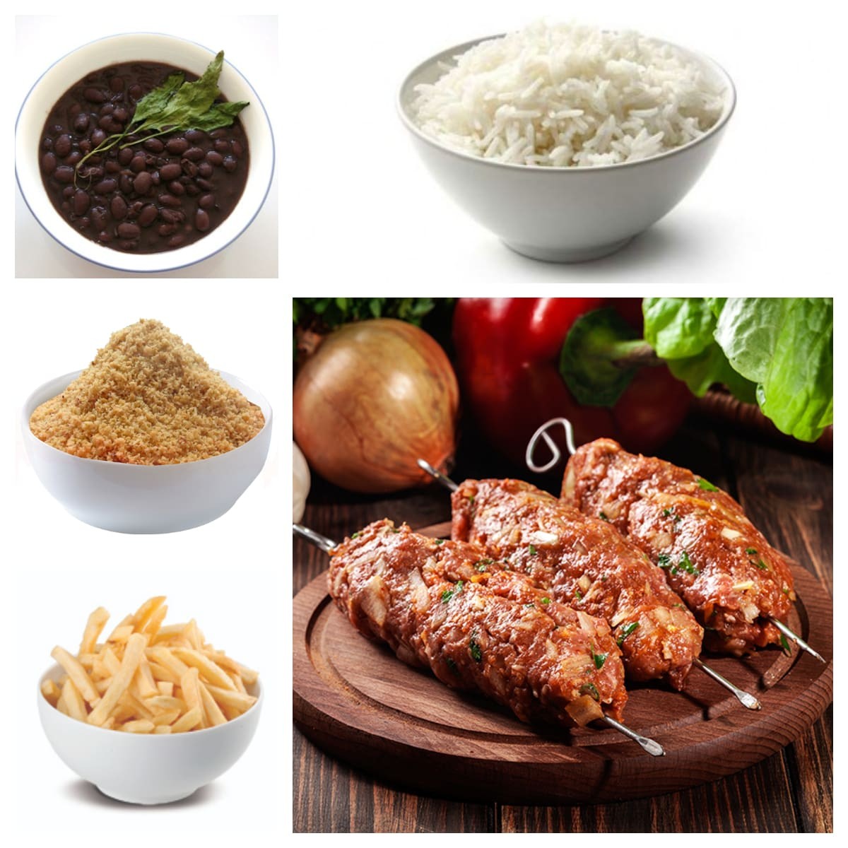 Nosso prato executivo serve 1 pessoa. Acompanha arroz branco, delicioso feijão, farofa de alho e cebola, nossa crocante batata frita palito e 1 espeto.