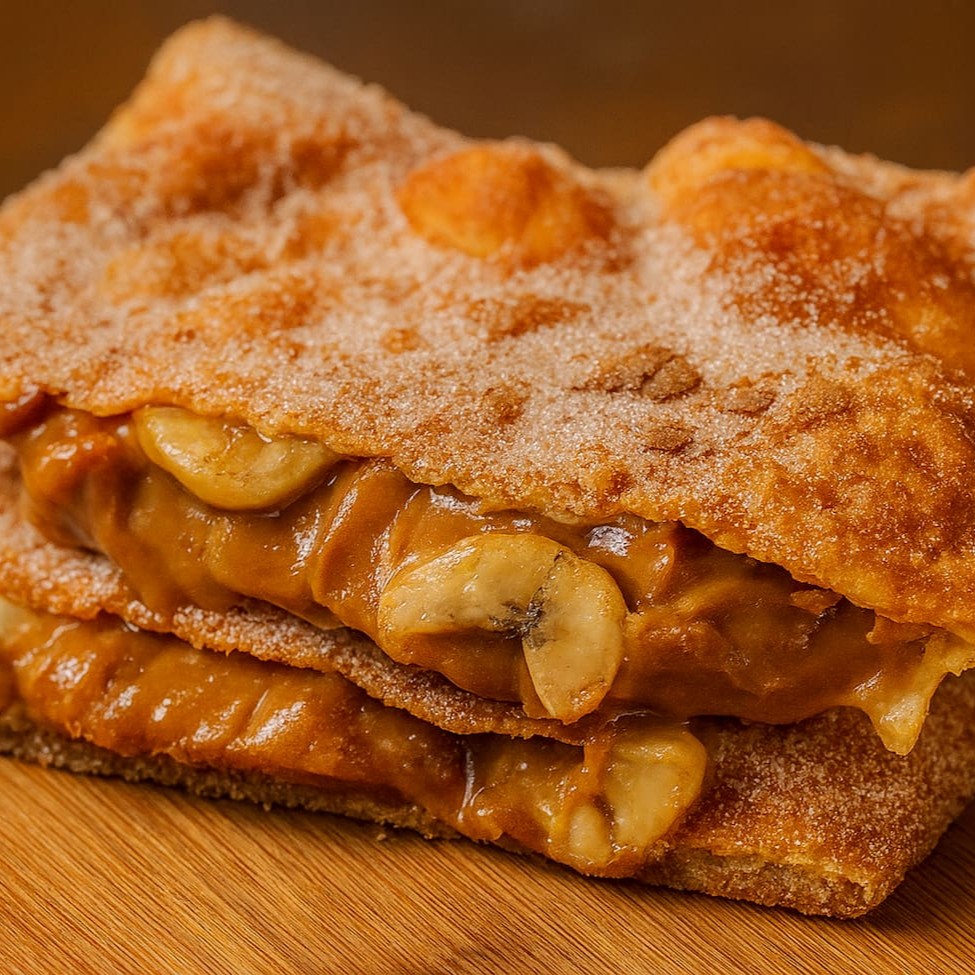 Delicioso pastel de doce de leite caseiro com banana, canela e açucar