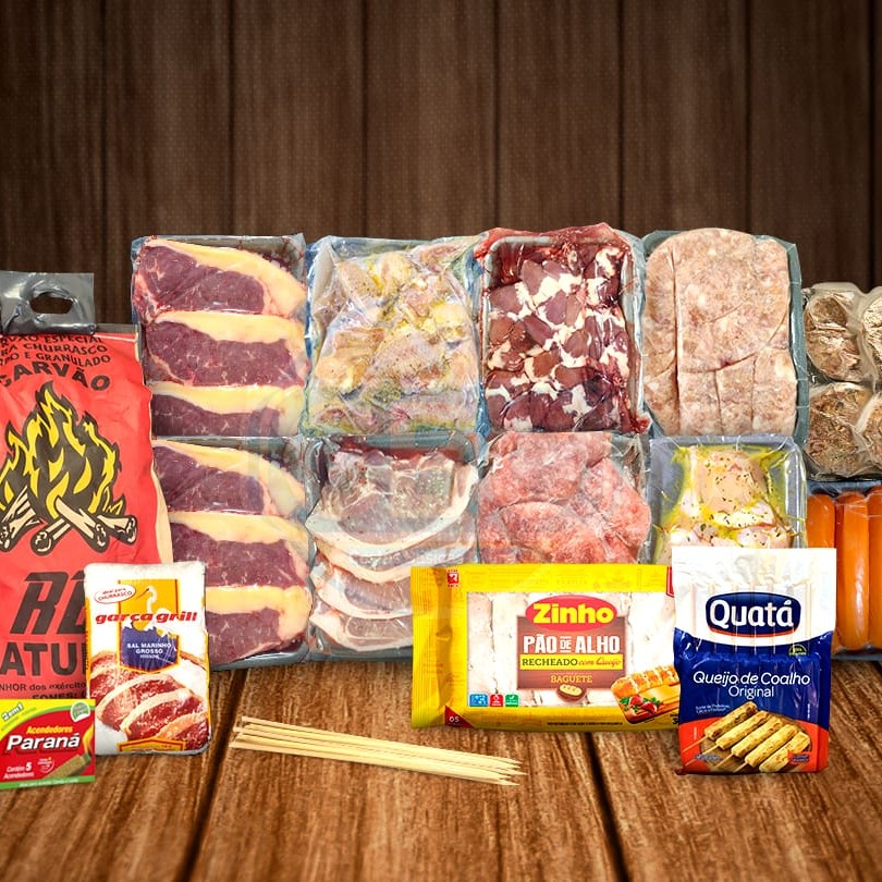 Kit e itens a parte vão (Descongelados), só acender a churrasqueira e assar!  2,0 Kg. Contra Filé  1,0 Kg. Linguiça Suína 1,0 Kg. Linguiça De Frango 1,0 Kg. Drumet (Temperado) 1,0 Kg. Asa (Temperada) 1,0 Kg. Carne Suína (Temperada) 500 Gr. Salsichão 1 Pct. Hambúrguer De Kafta  1 Pct. Coração (Temperado) 1 Pct. Queijo Coalho No Palito 1 Pct. Pão De Alho 1 Pct. Sal Grosso 1 Acendedor De Carvão 5 Un. Palito De Churrasco  2,5 Kg. Carvão