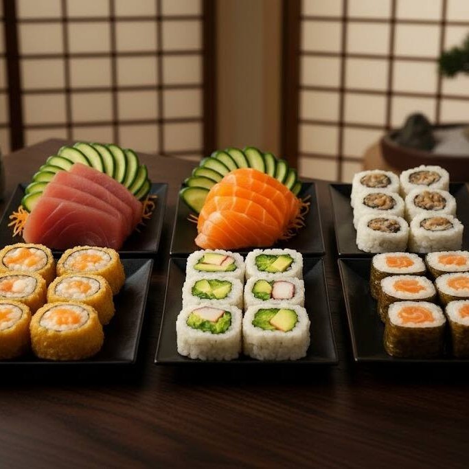 5 Sashimis Salmão, 5 Sashimis Atum, 6 Uramakis Califórnia, 6 Uramakis Skin, 6 Filadelfias Salmão, 6 Hots Salmão Filadélfia.