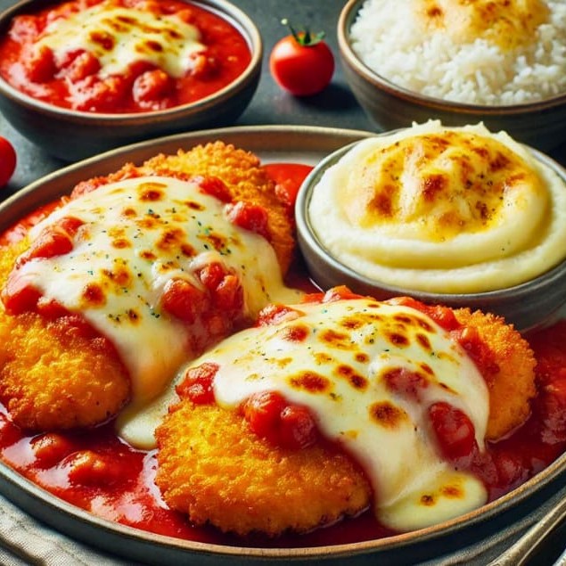 Frango à parmegiana com arroz branco e purê de batatas. Um prato clássico e delicioso.   Comida Italiana, Restaurante Italiano, Massas Artesanais, Culinária Italiana, Massas Frescas, Penne, Espaguete, Gnocchi, Risoto De Salmão, Polenta Italiana, Frango Parmegiana, Salmão Grelhado, Bruschetta Italiana, Batata Frita Crocante, Coca Cola, Guaraná Antártica, Entrega Gratis, Delivery De Massas.