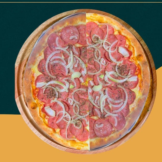 Molho de tomate, mussarela, calabresa, cebola e orégano.