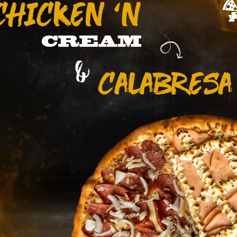 Meia Pizza com Molho de tomate, mussarela, calabresa e orégano. Meia pizza com Molho de tomate , peito de frango defumado , mussarela , cream cheese e oregano.