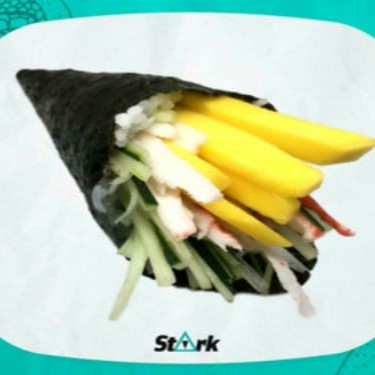 Alga, arroz, kani, manga e pepino.