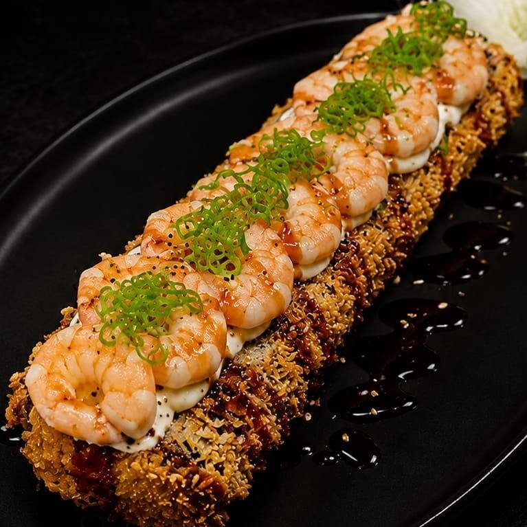 Roll de arroz temperado, com o recheio de camarão salteado, cream chesse, tempero do chefe, finalizado com teriaky artesanal, cebolinha, gergelim e um toque de crispy de alho poró