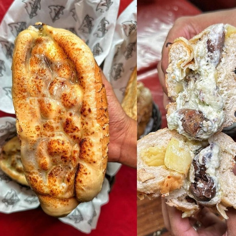 Baguete de 15 a 20cm com parmesâo, 180G de Coraçãozinho, VINAGRETE, MAIONESE DEFUMADA DA CASA E QUEIJO GRATINADO.