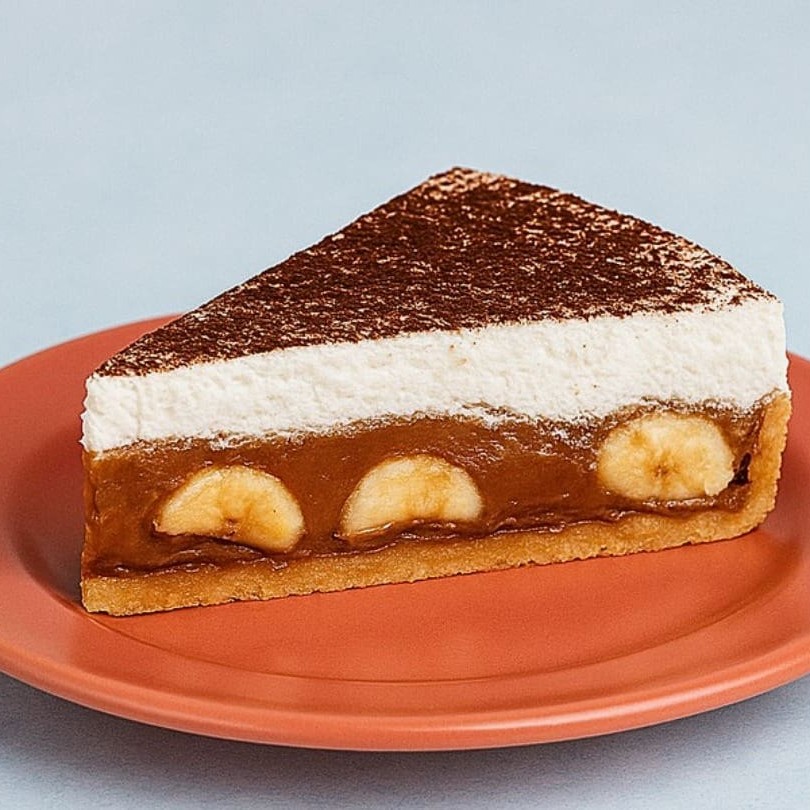 A tradicional e sofisticada torta à base de biscoito com uma camada do nosso doce de leite artesanal, ganache de chocolate, bananas frescas e selecionadas, uma cobertura caprichada de chantily e uma generosa quantidade de cacau polvilhado.