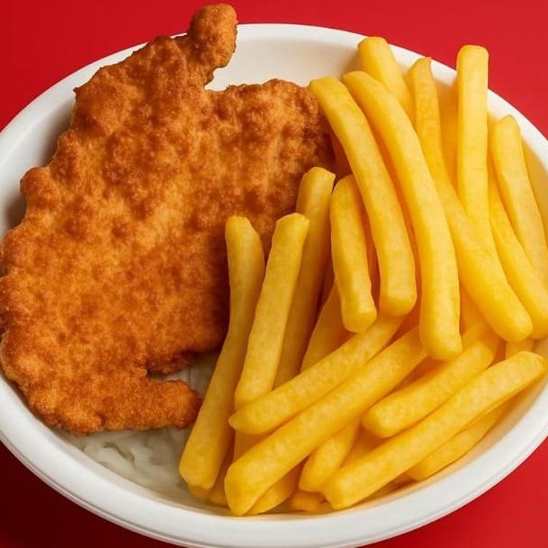 Marmita com deliciosa porção de frango empanado, fritas, arroz e feijão.