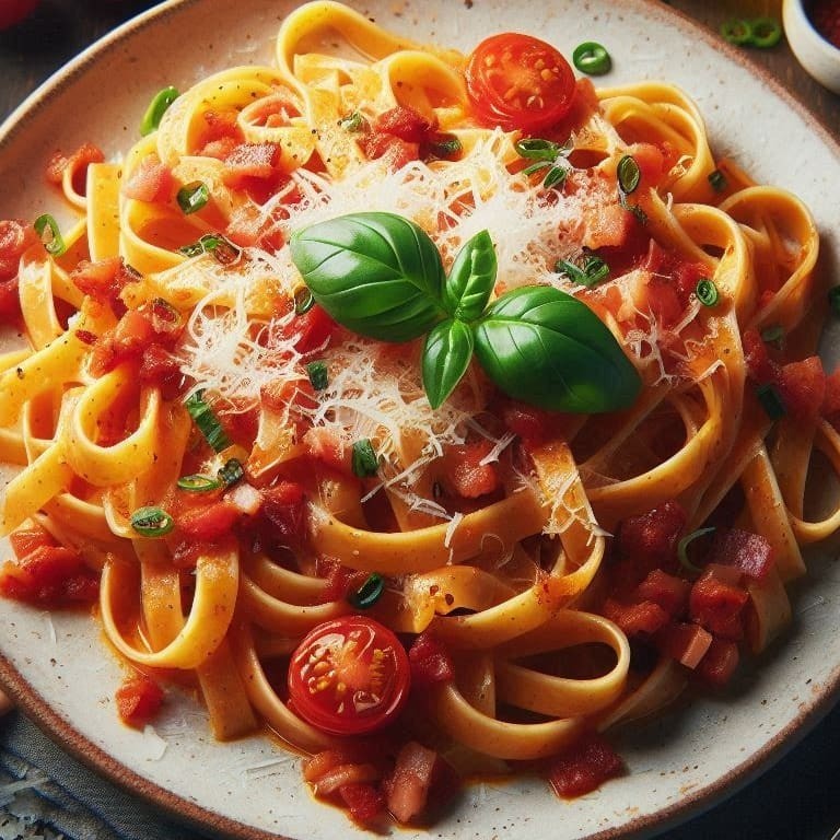 Fettuccine envolvido em molho pomodoro, com cebola roxa caramelizada, pancetta crocante e queijo pecorino, criando uma combinação saborosa e irresistível.  Comida Italiana, Massas Artesanais, Culinária Italiana, Penne, Espaguete, Gnocchi, Risoto De Salmão, Polenta Italiana, Frango Parmegiana, Salmão Grelhado, Batata Frita, Coca Cola, Guaraná Antártica, Entrega Gratis.