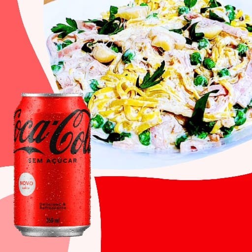 Espaguete artesanal com presunto, champignons, ervilhas fresca ao molho de parmesão + Coca-Cola sem açúcar lata 350ml