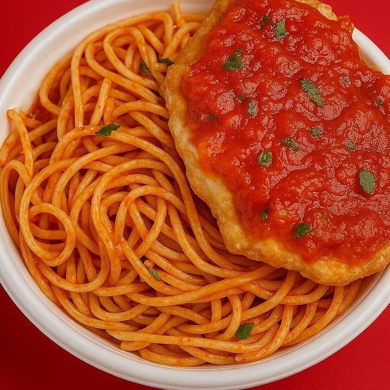 Espaguete com molho caseiro de tomate da casa com filé suculento de frango empanado com um molho delicioso e uma porção de queijo derretido.