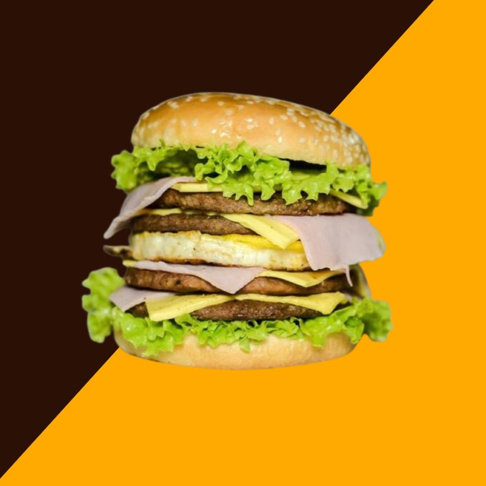 Pão, 4 carnes, presunto, queijo, ovo, maionese alho, billy jack, cebola crispy, batata palha, salada e requeijão