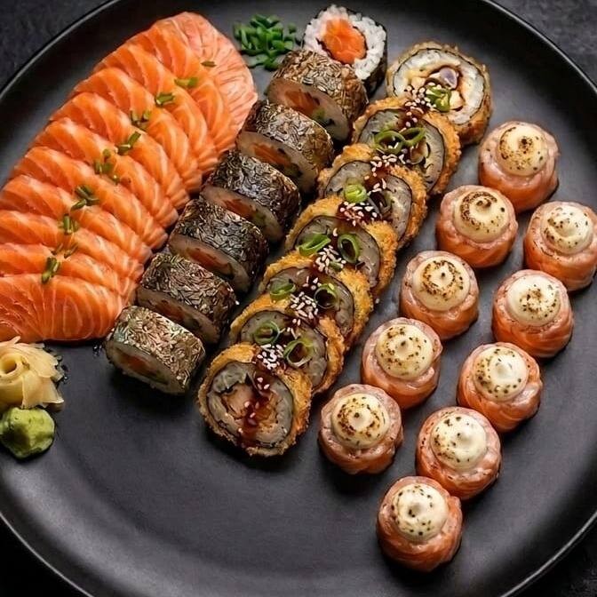 São 16 sashimis de salmão + 12 peças de hot filadélfia + 06 peças de filadélfia salmão + 06 peças de filadélfia skin + 05 joe tradicional .