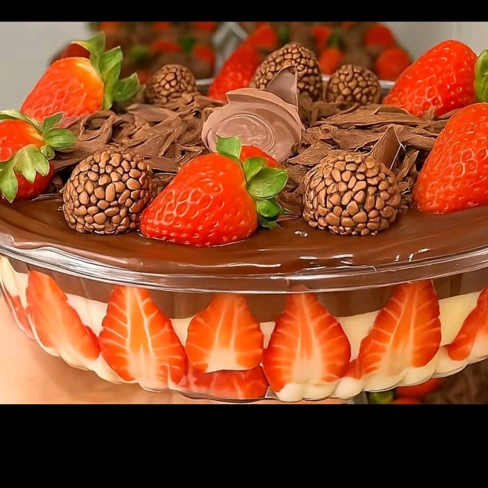 Morango fatiado com creme de Ninho , ganache de chocolate e de enfeite morango,brigadeiro e raspa de chocolate