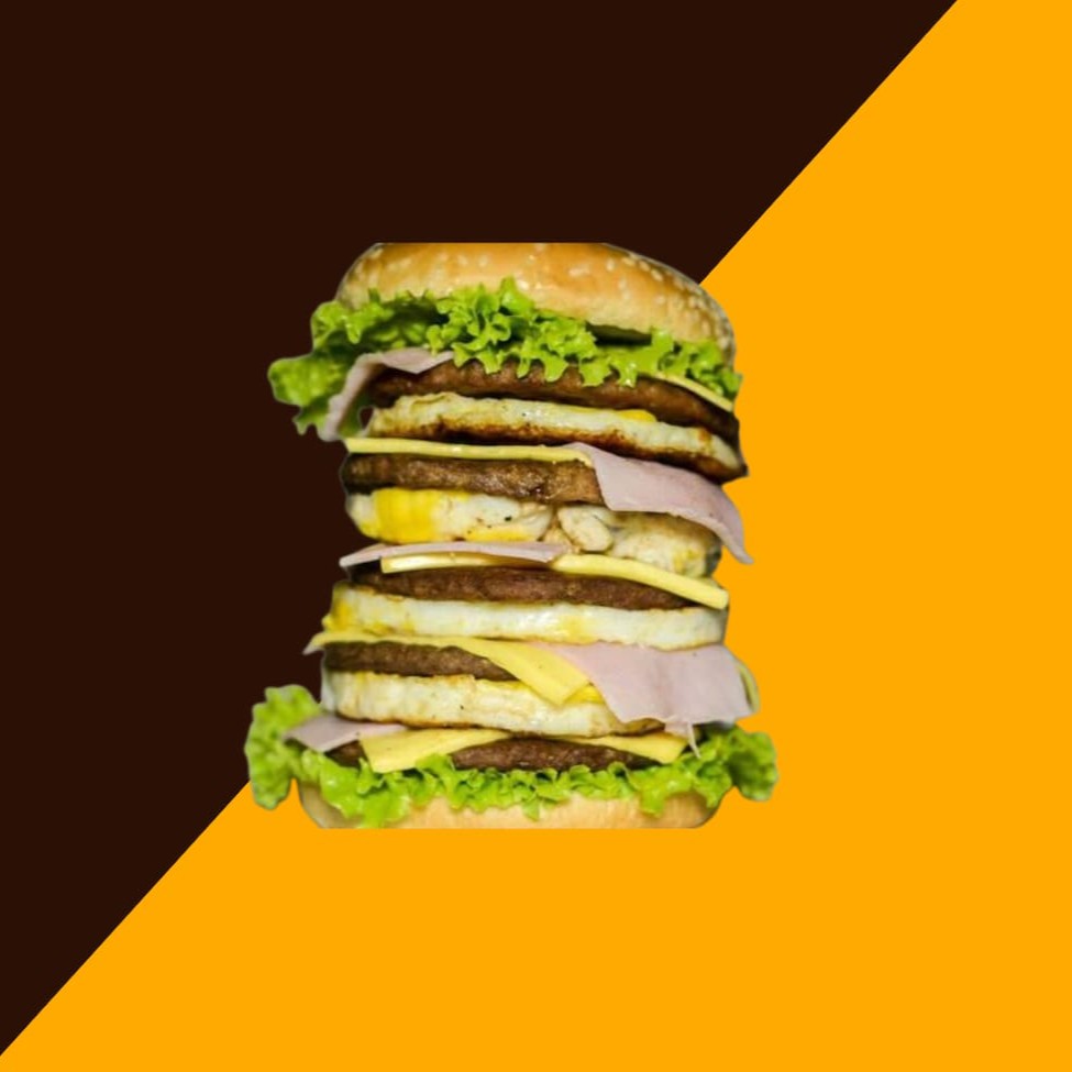 Pão, 5 carnes, presunto, queijo, ovo, maionese de alho, billy jack, cebola crispy, batata palha, salada e requeijão