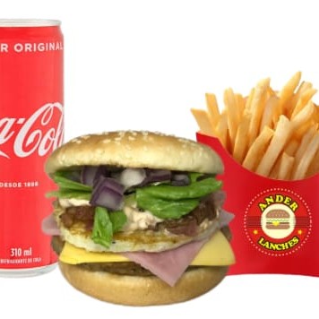 Pão comum, 1 carne, 1 queijo prato, 1 ovo, 1 presunto, bacon,  molho especial, alface e cebola + coca cola lata e batata frita.