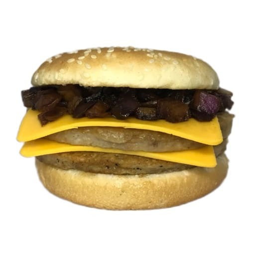 Pão comum, 2 carnes, 2 queijos cheddar e cebola especial refogada no shoyu.