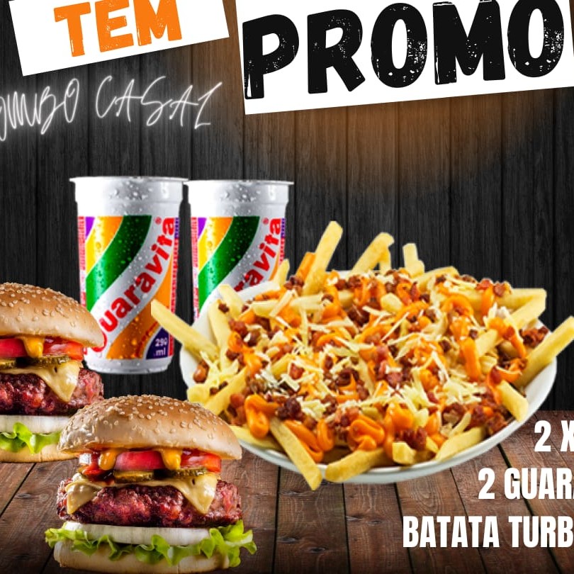 2 X-Tudo. Batata Turbinada: cheddar, Catupiry e bacon. 2 Guaravitas Hambúrguer: Pão, carne, queijo, presunto, ovo, bacon,calabresa, tomate, alface, cebola roxa, batata palha e molho especial da casa.