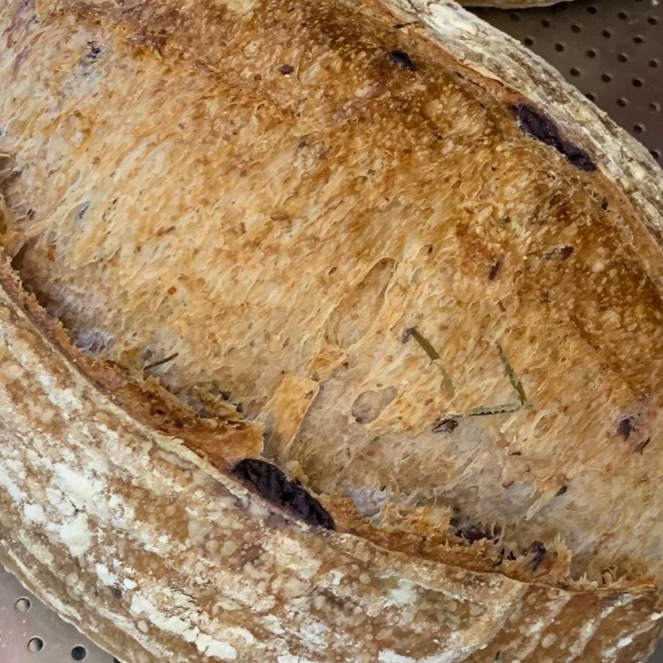 Delicioso Pão rústico com azeitonas pretas e alecrim