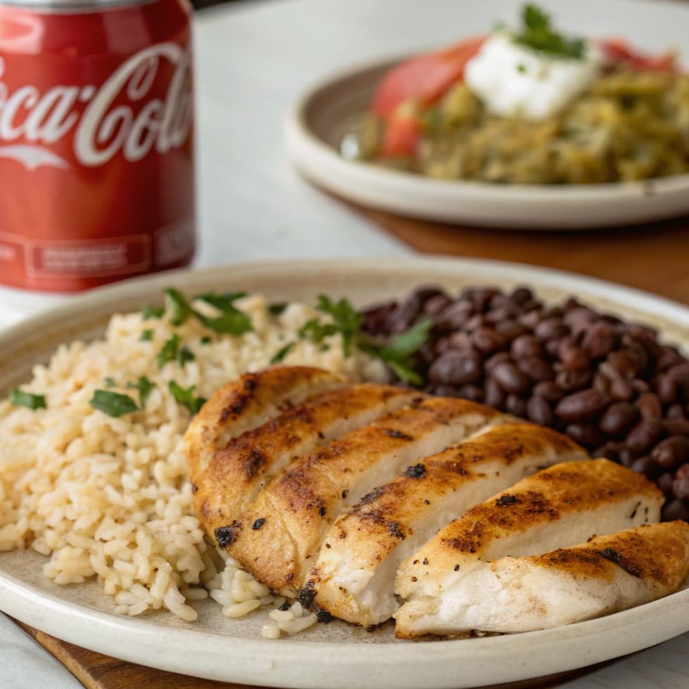 Arroz, feijão e filé grelhado