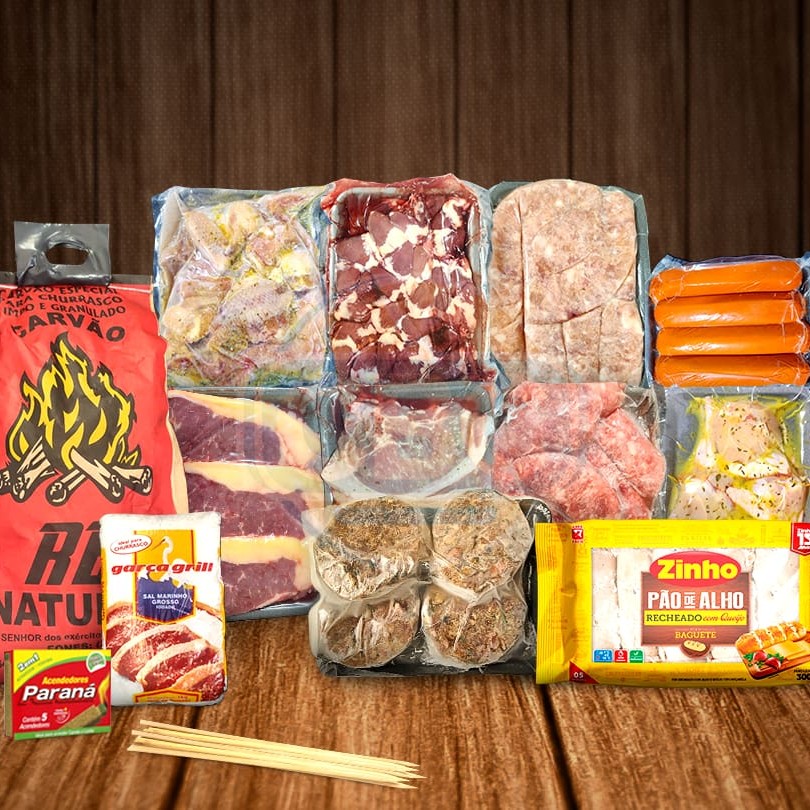 Kit e itens a parte vão (Descongelados), só acender a churrasqueira e assar!  1 Kg. De Contra Filé Grill 1 Kg. Linguiça Suína 1 Kg. Linguiça De Frango 1 Kg. Drumet (Temperado) 1 Kg. Asa (Temperada) 500 Gr. Carne Suína (Temperada) 500 Gr. Salsichão  1 Pct. Hambúrguer De Kafta  1 Pct. Coração No Palito 1 Pct. Pão De Alho 1 Pct. Sal Grosso 1 Acendedor De Carvão 5 Un. Palito De Churrasco 2,5 Kg. De Carvão