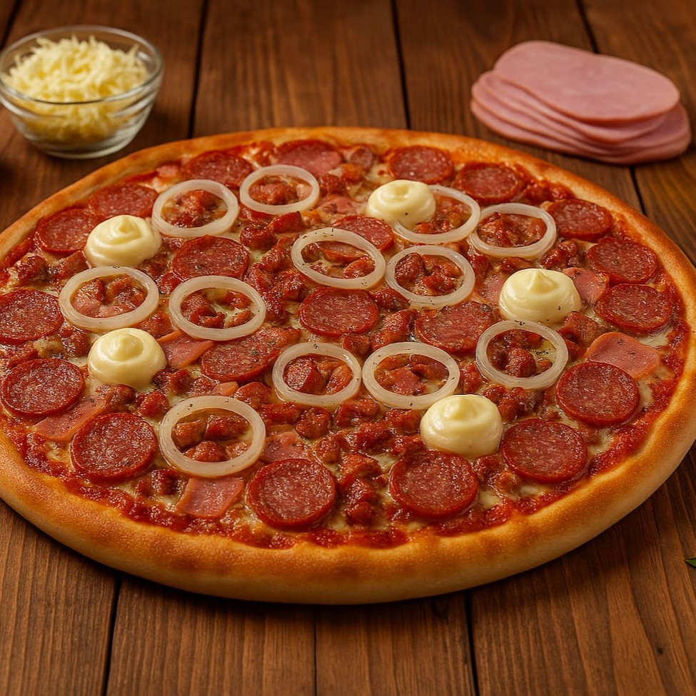 molho, mussarela, calabresa, presunto, bacon, cebola, catupiry e orégano