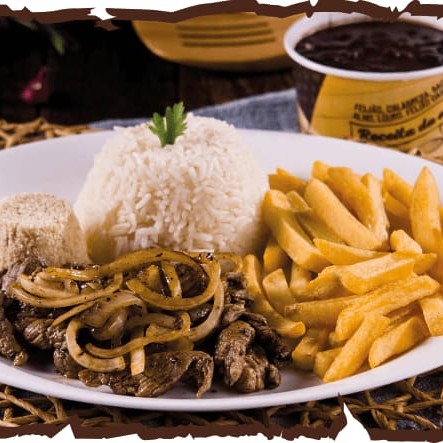 Marmita executiva toda separadinha com arroz branco soltinho, feijão preto refogadinho, farofinha de calabresa e iscas de Alcatra com Fritas. Aprox 550g - Indicada para 01 pessoa!