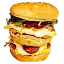 3 Pães , 2 carne ,2queijo , 2 ovos , bacon , calabresa ,molho alface e tomate.